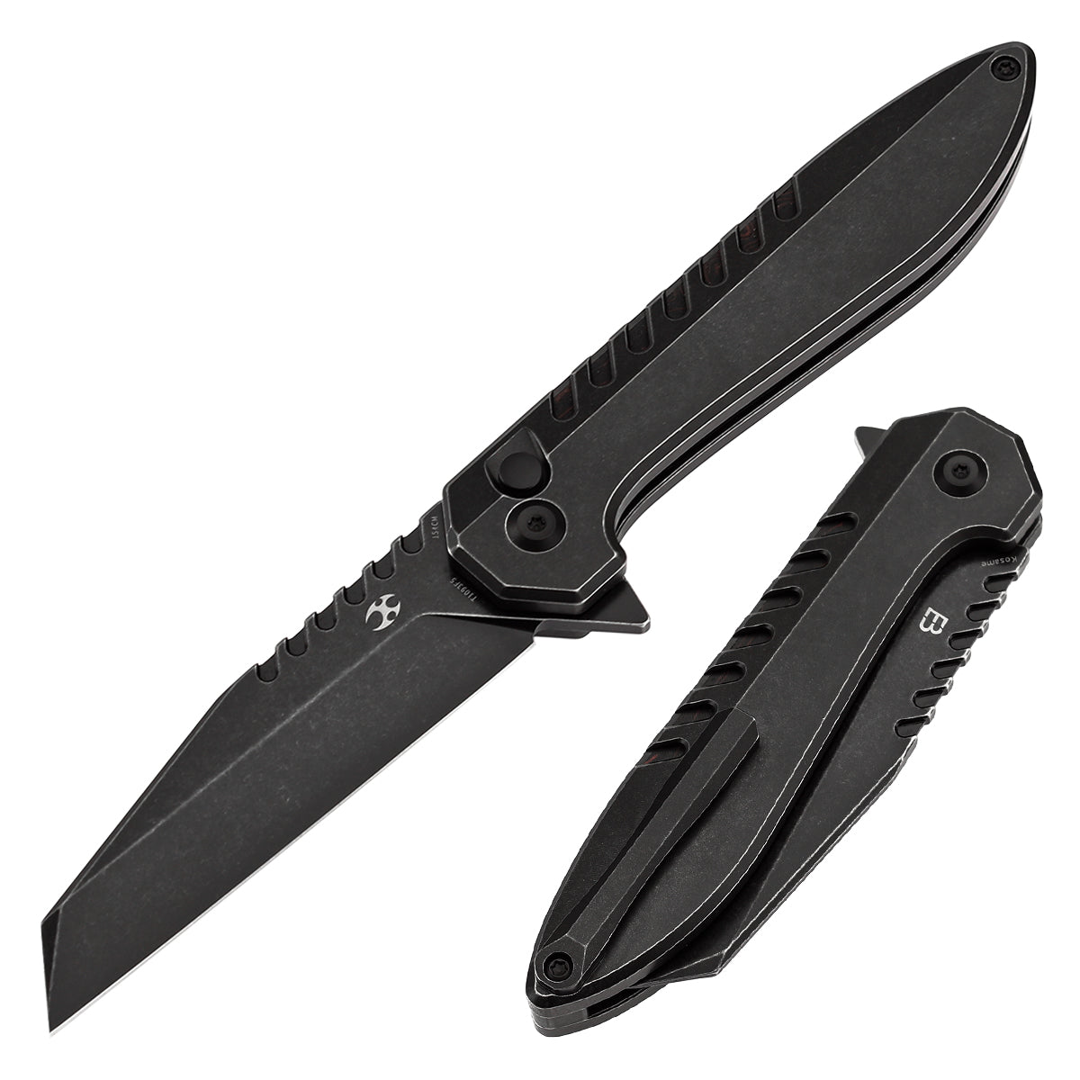 Kansept Kosame T1093F5 front view – 3.37" blackwash 154CM Wharncliffe folding knife