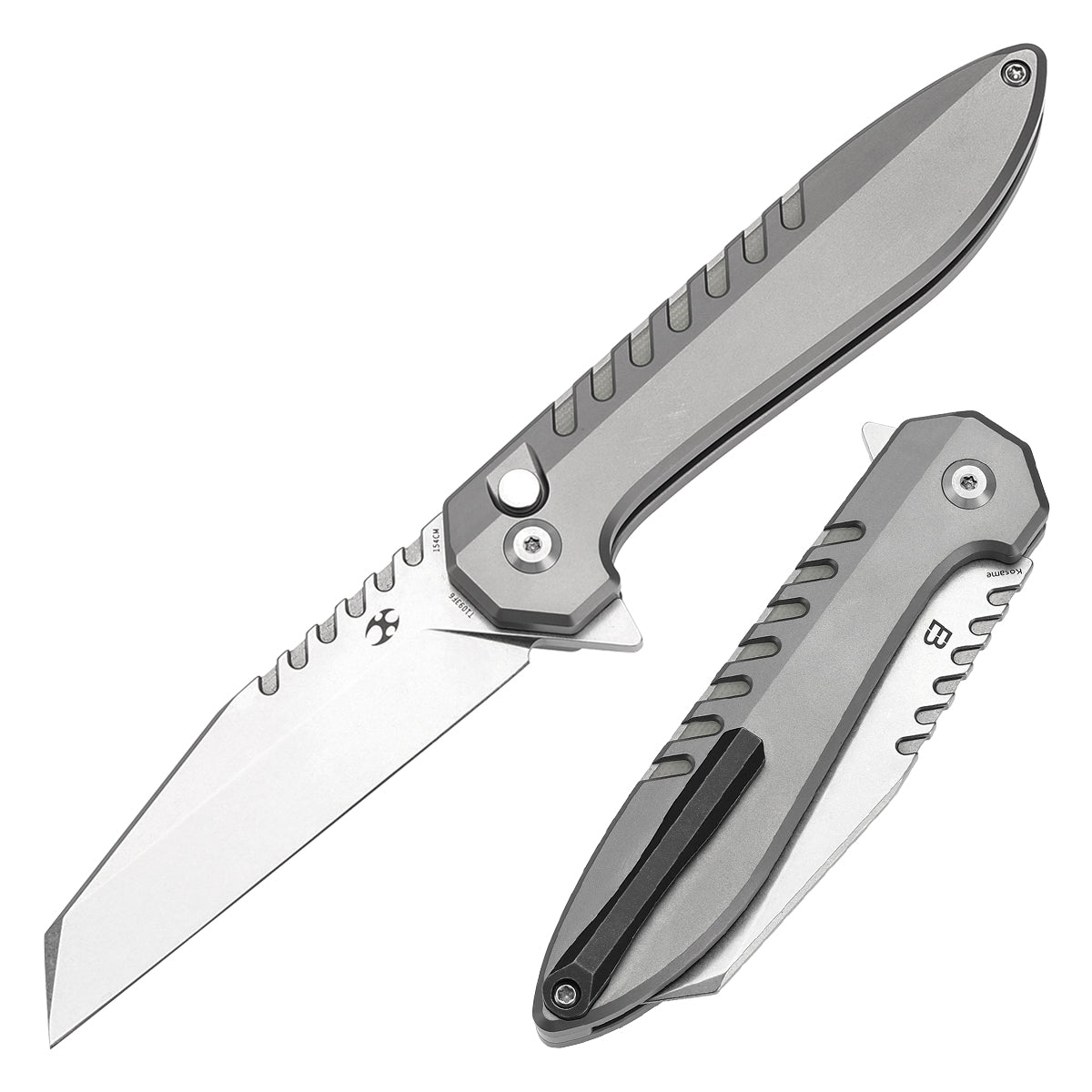 Kansept Kosame T1093F6 front view – 3.37" stonewashed 154CM Wharncliffe folding knife
