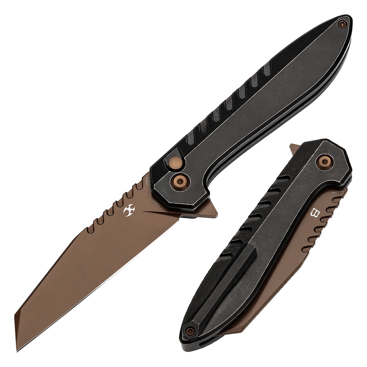 Kansept Kosame T1093F7 front view – 3.37" rose gold coated 154CM Wharncliffe folding knife