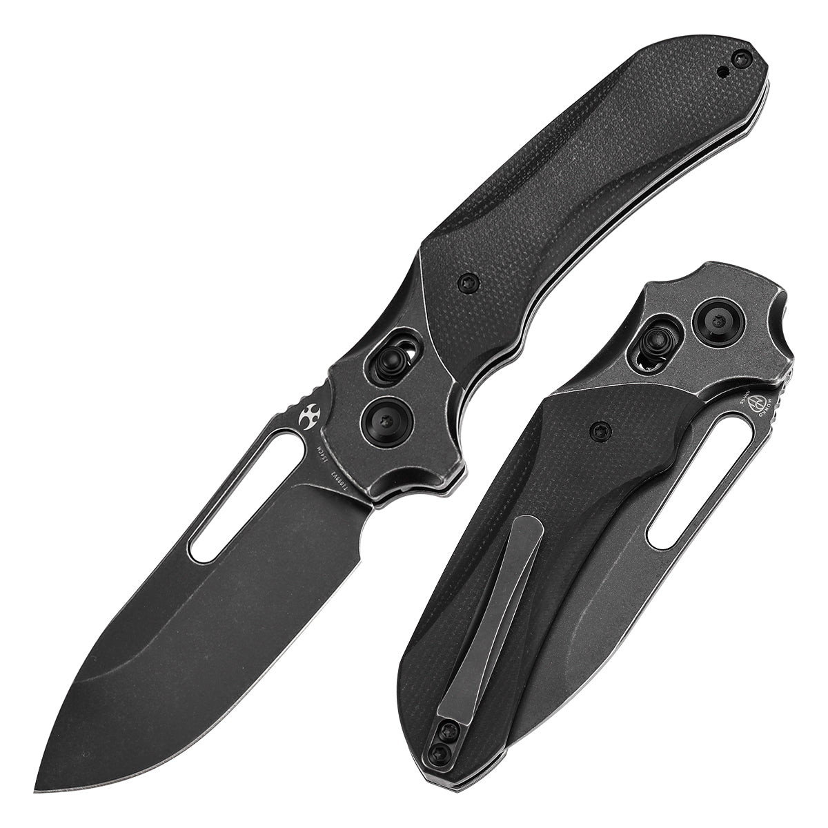 Kansept Quasar T1099V2 front view – 3.38" blackwash 154CM drop point folding knife