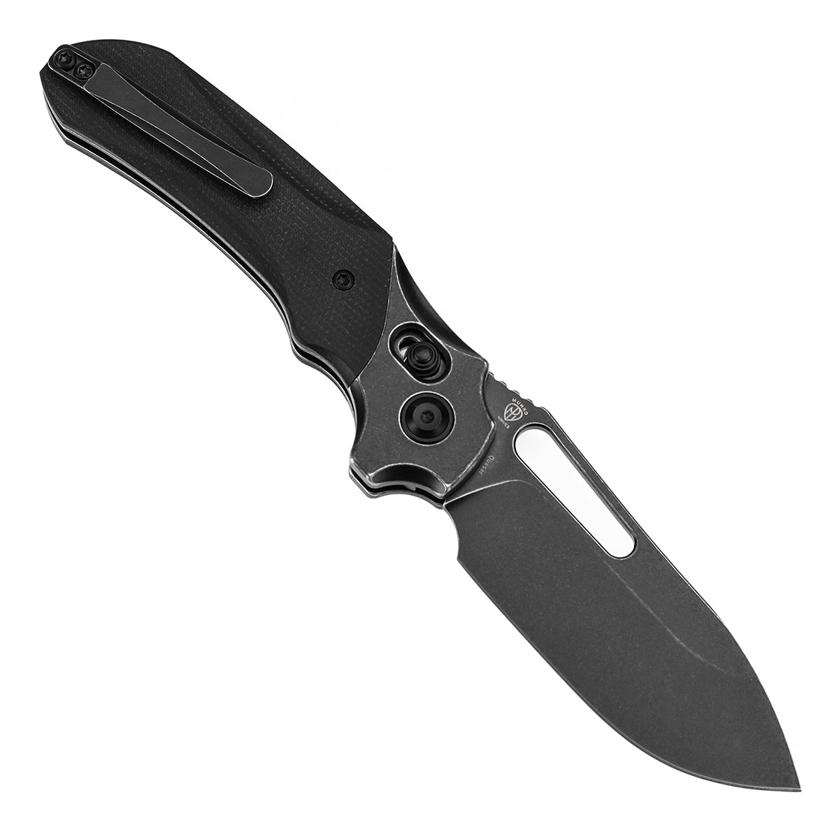 Kansept Quasar T1099V2 open position showing 154CM drop point blade