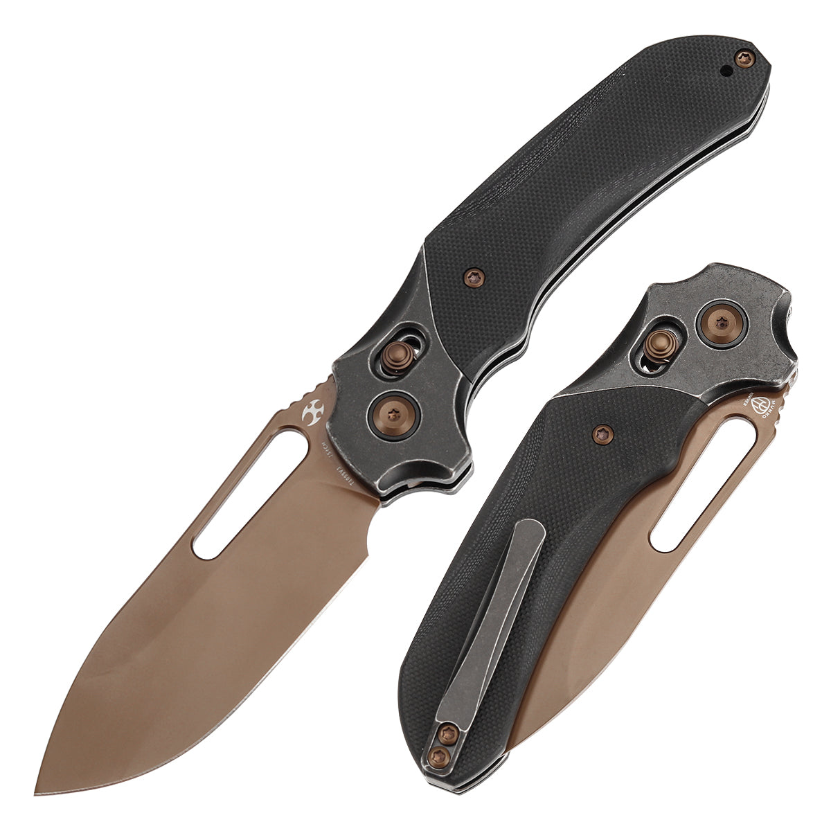 Kansept Quasar T1099V3 front view – 3.38" dark rose gold 154CM drop point folding knife
