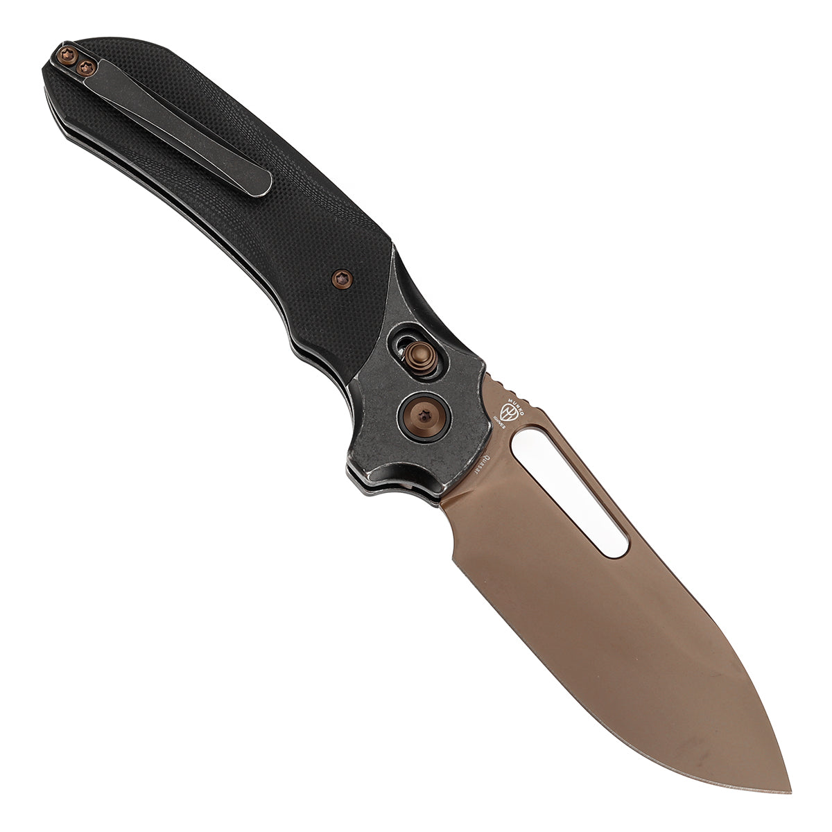 Kansept Quasar T1099V3 open position showing 154CM drop point blade