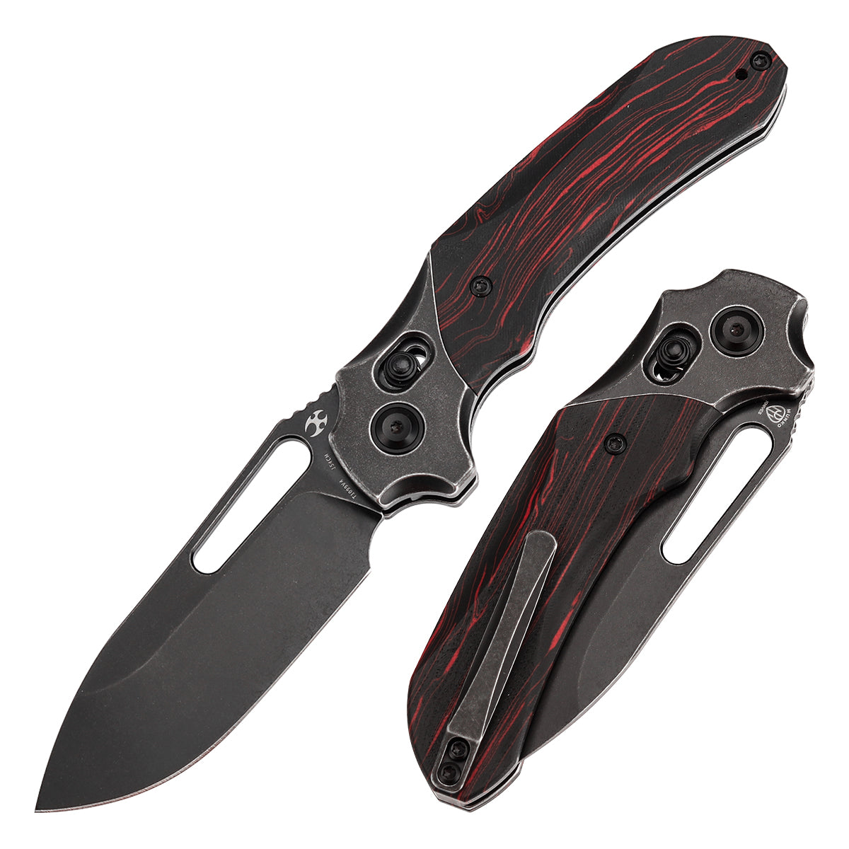 Kansept Quasar T1099V4 front view – 3.38" blackwash 154CM drop point folding knife