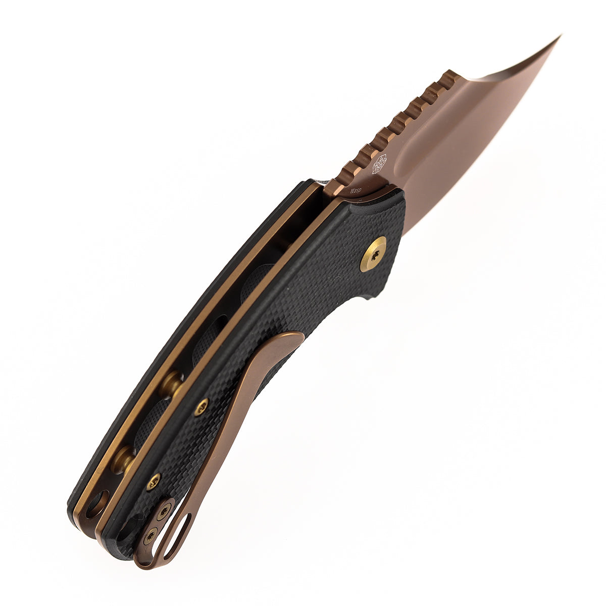 Kansept Wasp T2144F3 blade detail - rose gold 154CM modified Wharncliffe
