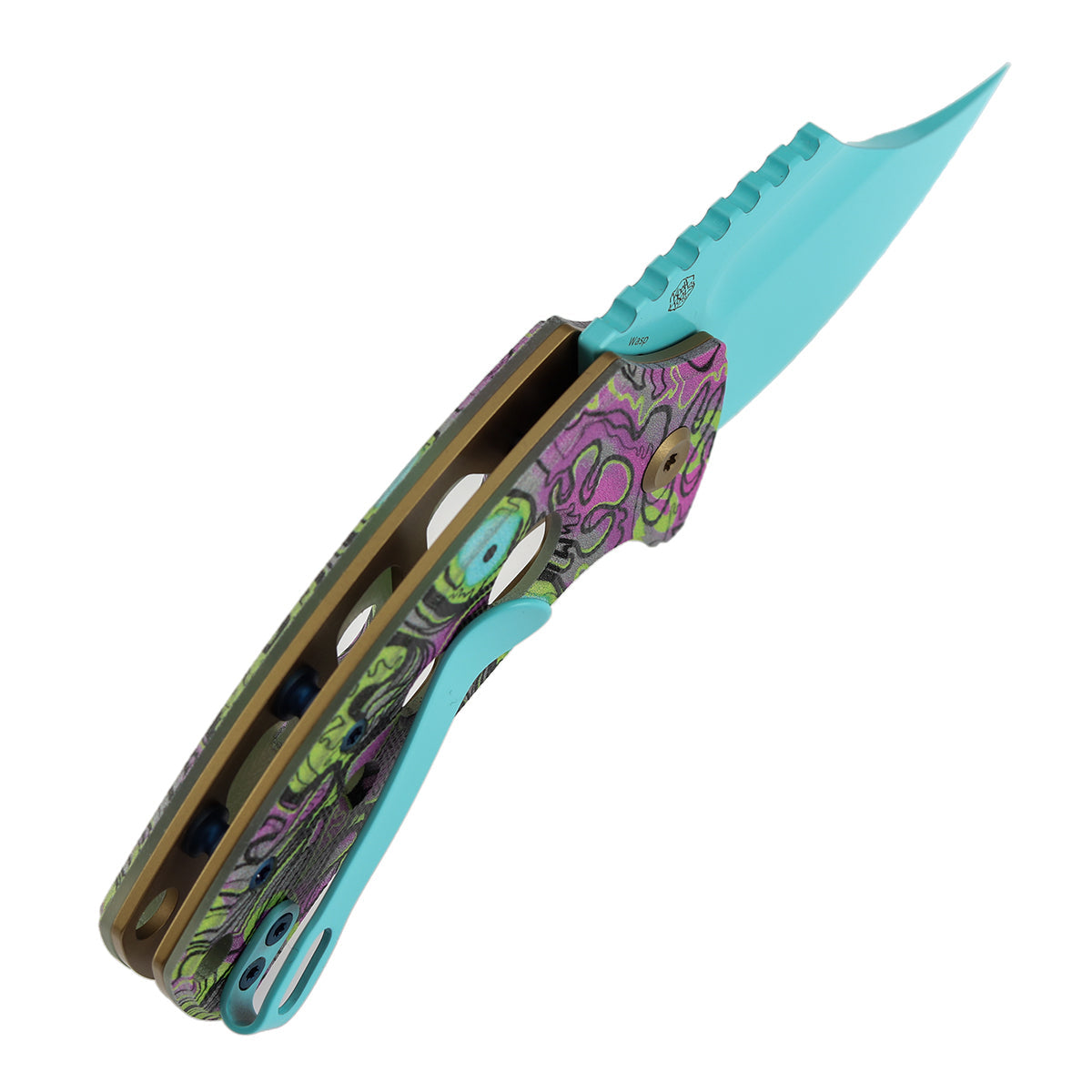 Kansept Wasp T2144F5 blade detail - light blue 154CM modified Wharncliffe