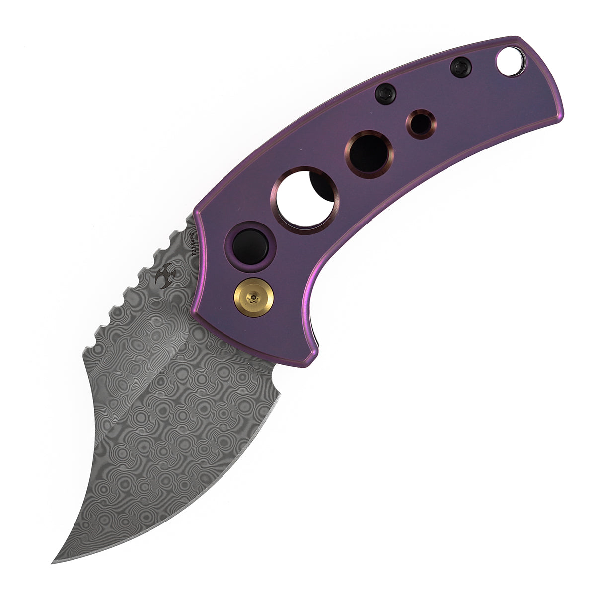 Kansept Wasp T2144F6 blade detail - acid etched Damascus modified Wharncliffe