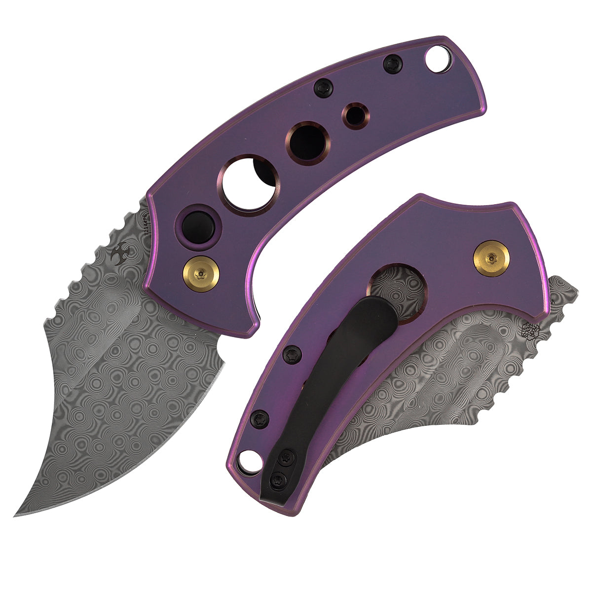 Kansept Wasp T2144F6 front view - 2.36" acid etched Damascus modified Wharncliffe folding knife