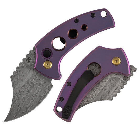 Kansept Wasp T2144F6 front view - 2.36" acid etched Damascus modified Wharncliffe folding knife