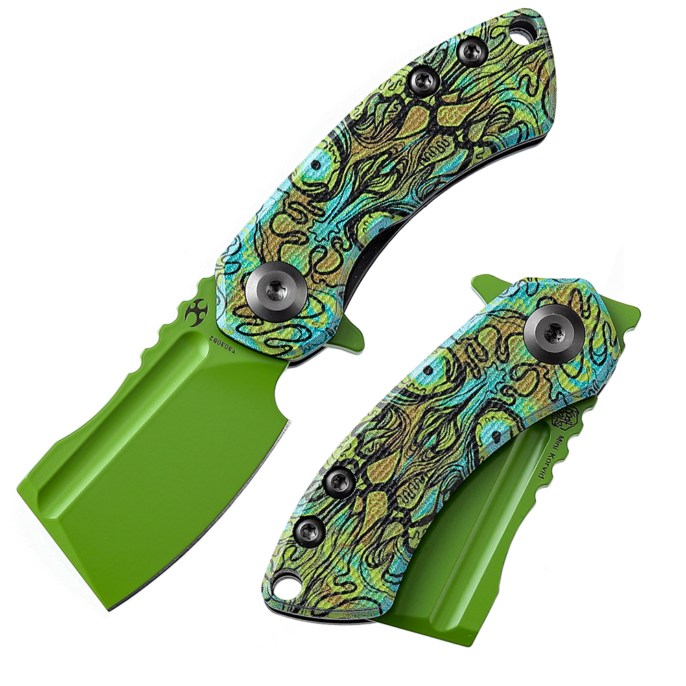 Kansept Mini Korvid T3030B2 front view – 1.45" green coated 154CM cleaver folding knife