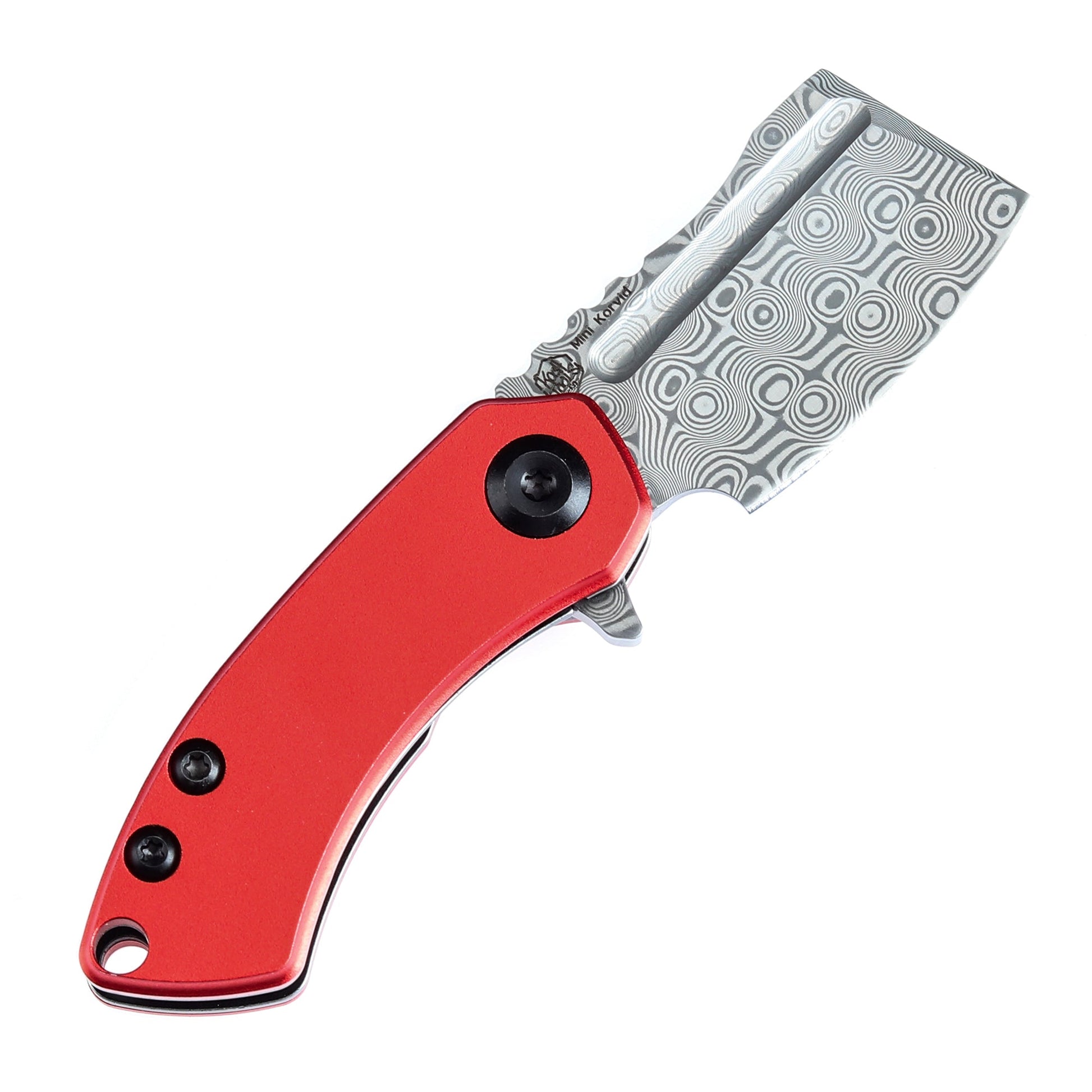 Kansept Mini Korvid T3030P2 open position showing Damascus cleaver blade