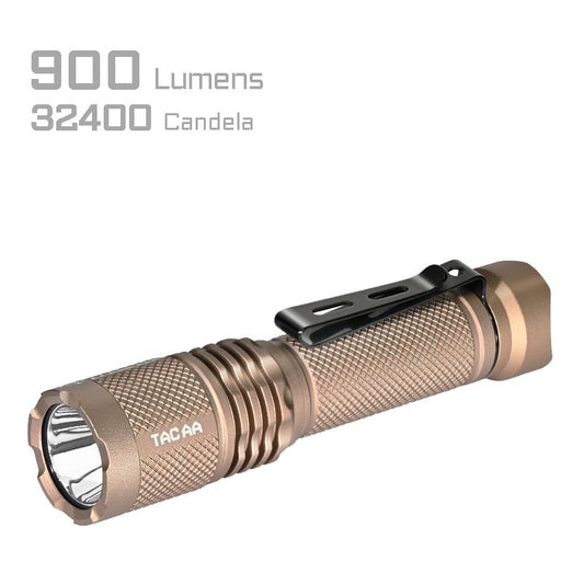 Acebeam Tac AA 2.0 Desert front view – 900 lumen tactical EDC flashlight, Luminus SFT-25R LED