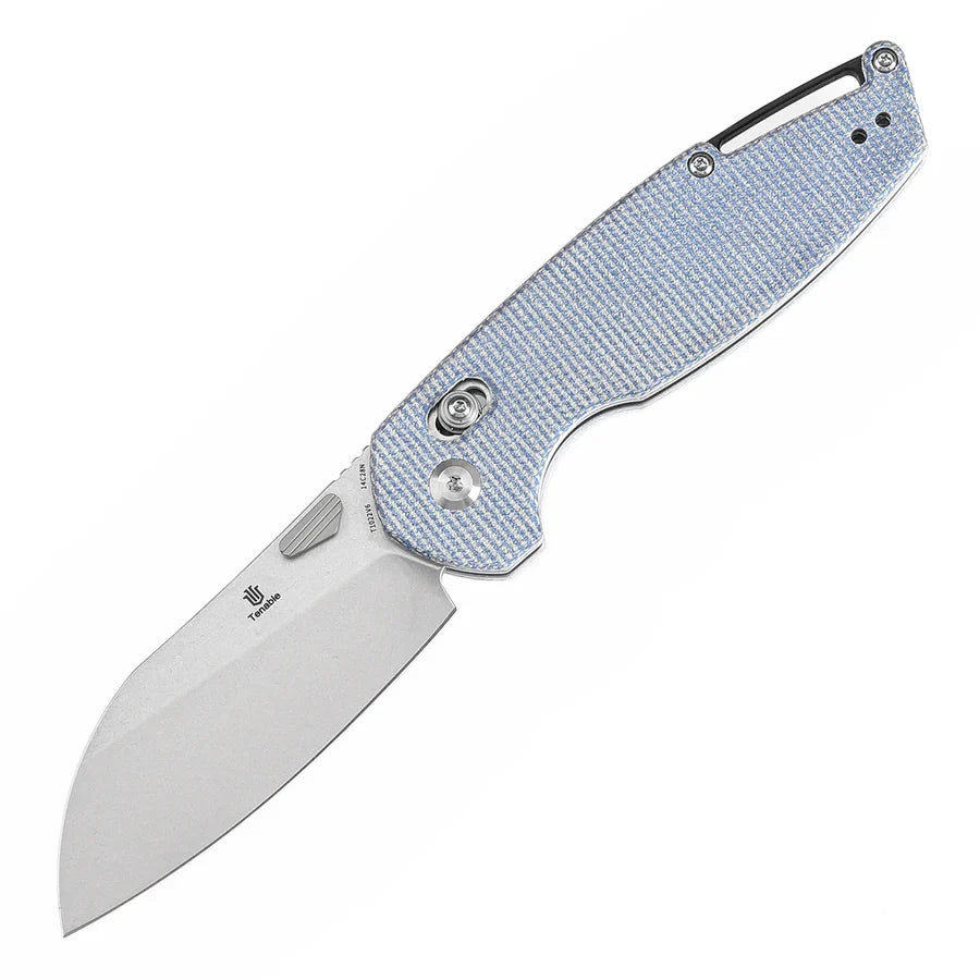 Tenable Model 6 T1022V6 – 3.1" Stonewashed 14C28N Blade, Blue Micarta Handle with Crossbar Lock