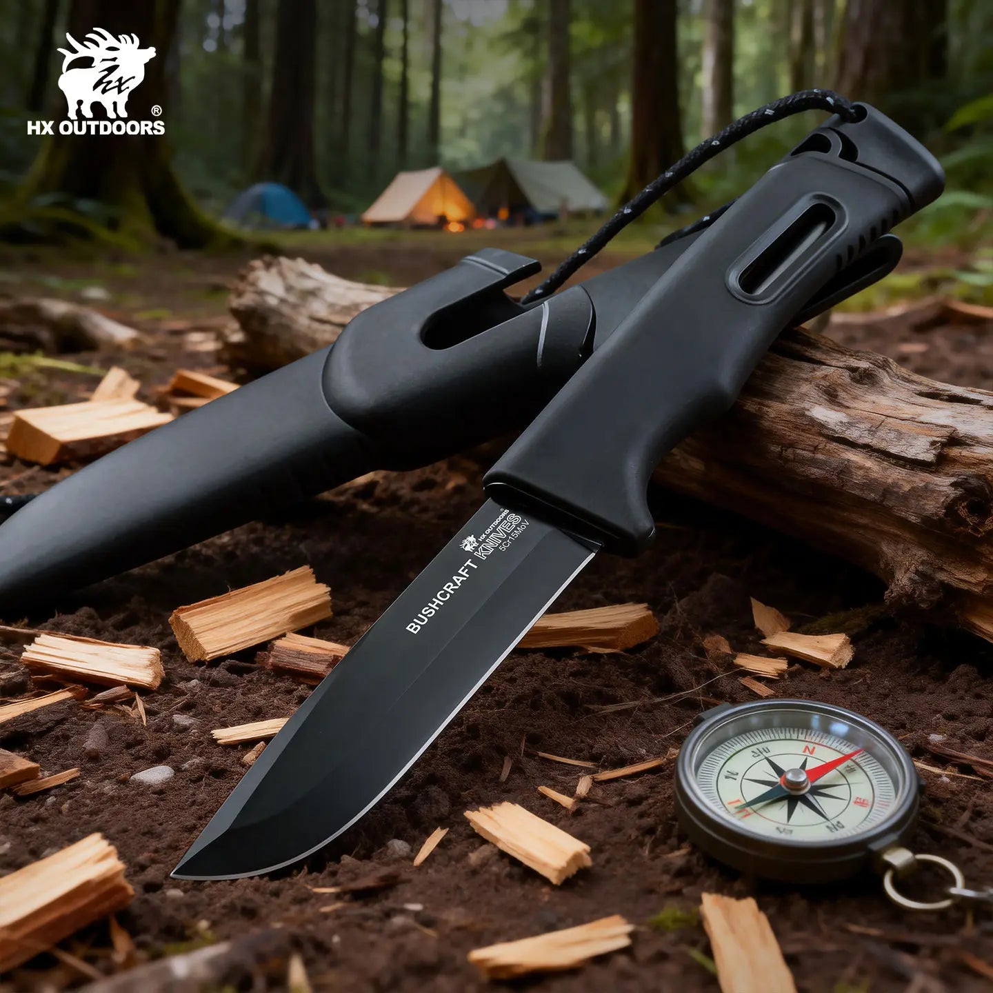 HX Outdoors Survival Master 4 TD-21E blade detail – matte black titanium coated 5Cr15MoV
