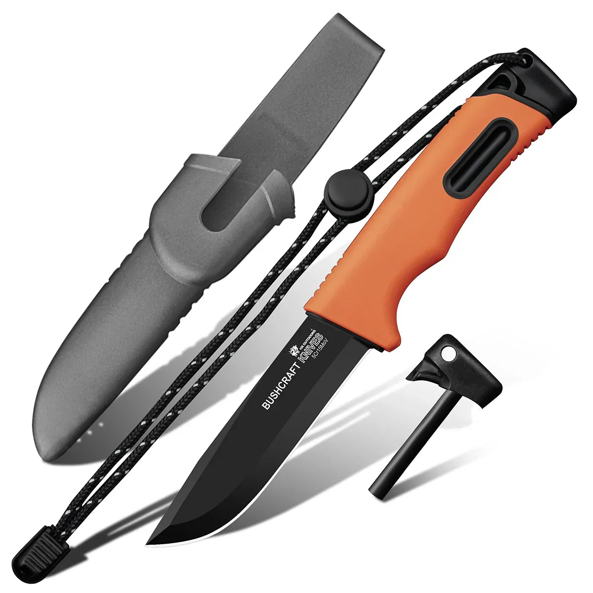 HX Outdoors Survival Master 4 TD-21F front view – 3.74" black titanium coated 5Cr15MoV fixed blade with orange handle