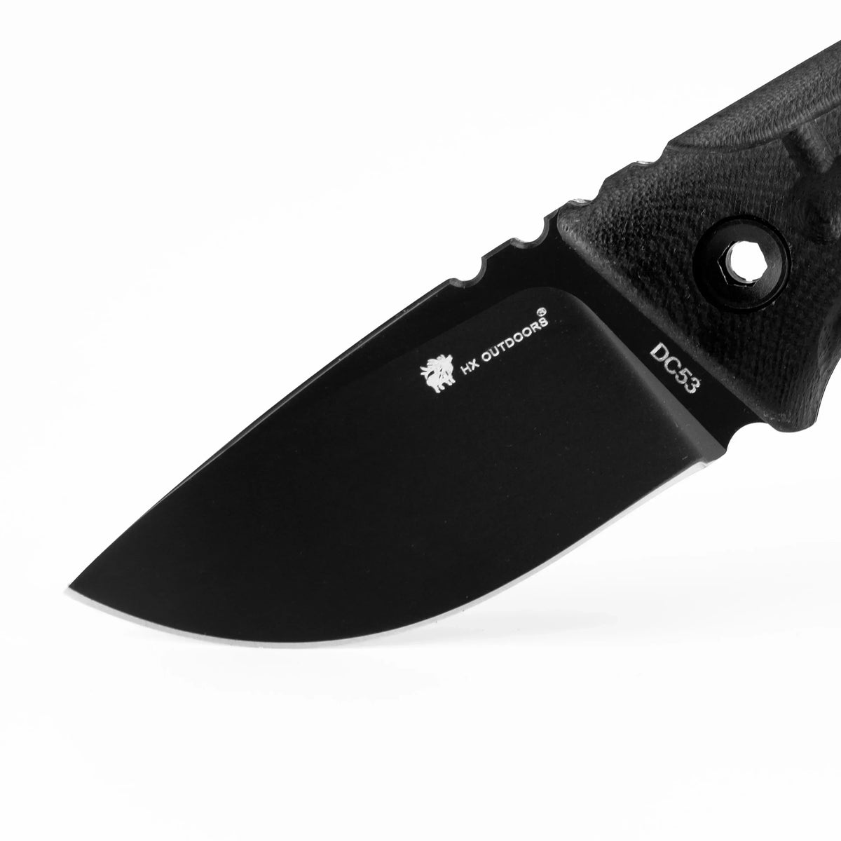 HX Outdoors Rock Apex Mini TD-26B blade detail – black titanium coated DC53 drop point