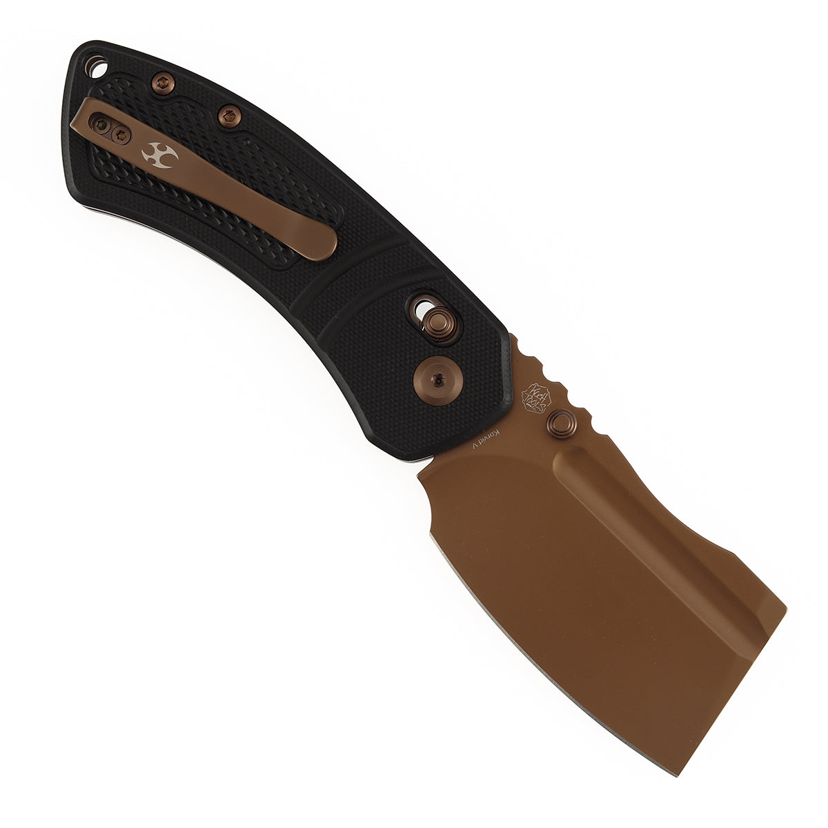 Kansept Korvid V TE2030V1 open position showing rose gold coated D2 cleaver blade
