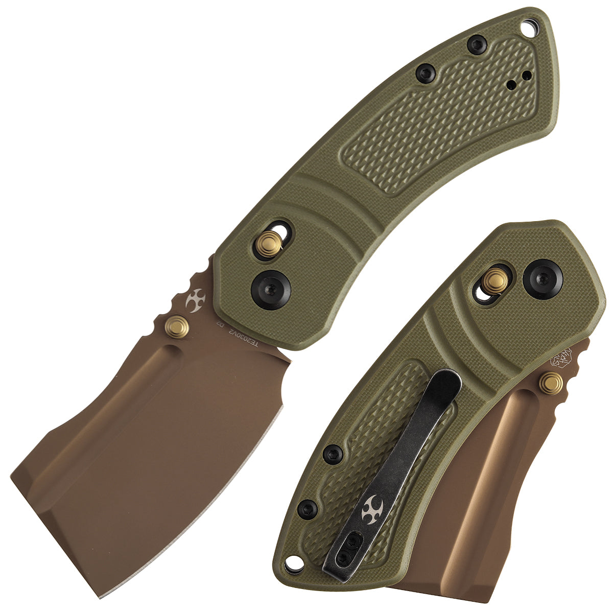 Kansept Korvid V TE2030V2 front view – 2.91" rose gold coated D2 cleaver folding knife