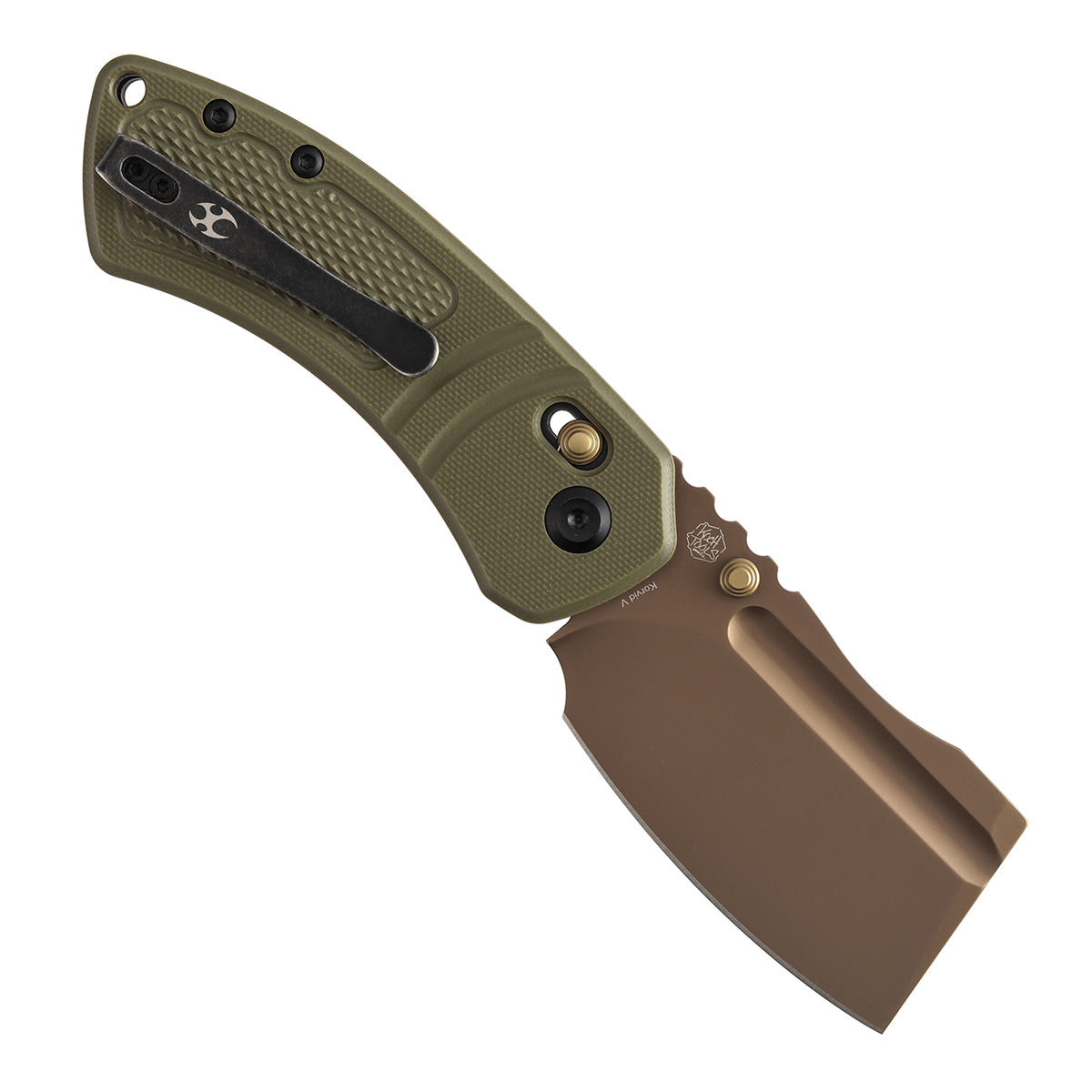 Kansept Korvid V TE2030V2 open position showing rose gold coated D2 cleaver blade