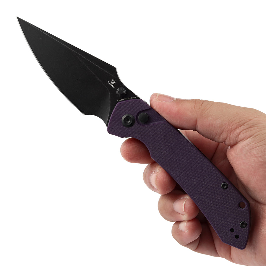 Tenable Fenrir T1034F10 in hand showing purple G10 handle