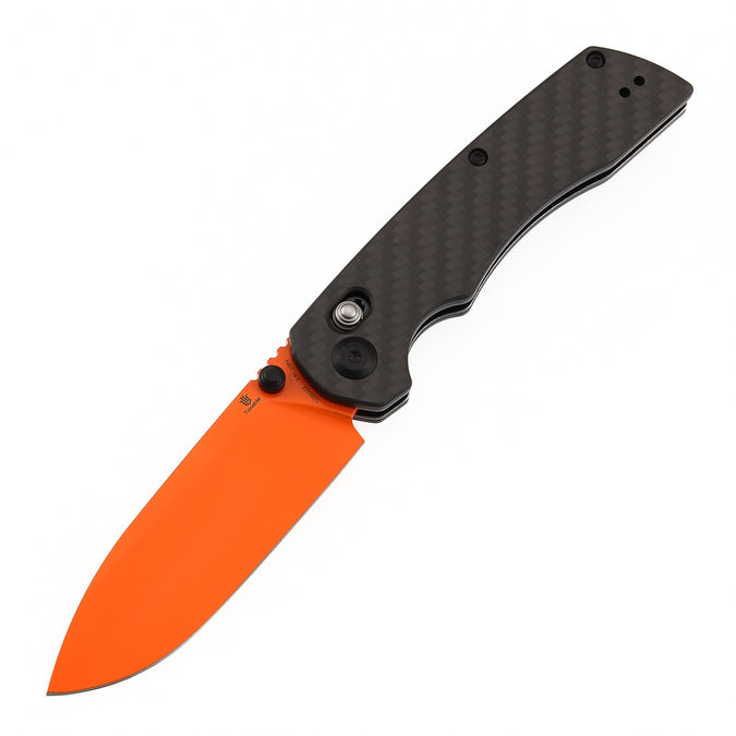 Tenable Kryo T1001V12 view 2 – orange coated 14C28N drop point blade, twill carbon fiber & G10 handle