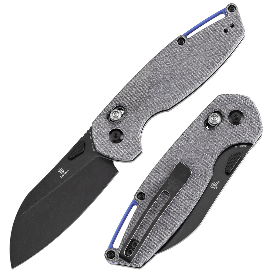 Tenable Model 6 T1022V5 – 3.1" Blackwash 14C28N Sheepfoot Folding Knife, Black Micarta Handle, Cross Bar Lock, Nick Swan Design