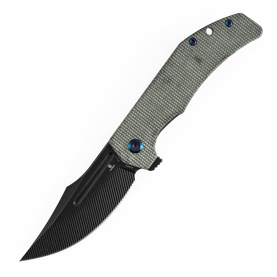 Tenable Orion B1089C4 â€“ 3.07" Blackwash Nitro-V Clip Point Folding Knife, Green Micarta Handle, Liner Lock, JB Stout Design