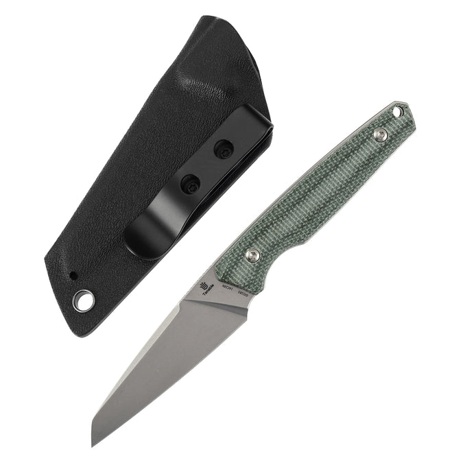 Fixed blade knife with green micarta handle and Kydex sheath
