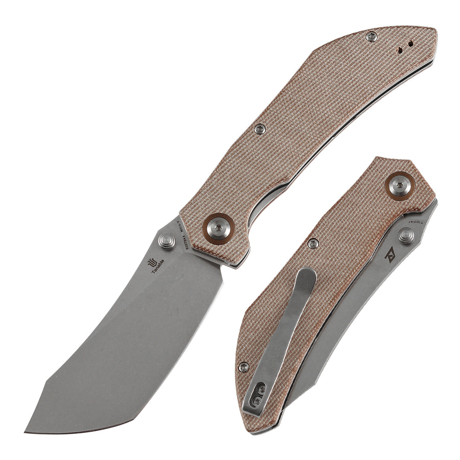 Tenable Tipper B1079A3 â€“ 3.39" Stonewashed Nitro-V Cleaver Folding Knife, Brown Micarta Handle, Edgy Bladeworks Design