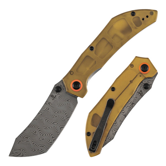 Tenable Tipper B1079A5 â€“ 3.39" Damascus Cleaver Folding Knife, Amber PEI/Ultem Handle, Edgy Bladeworks Design