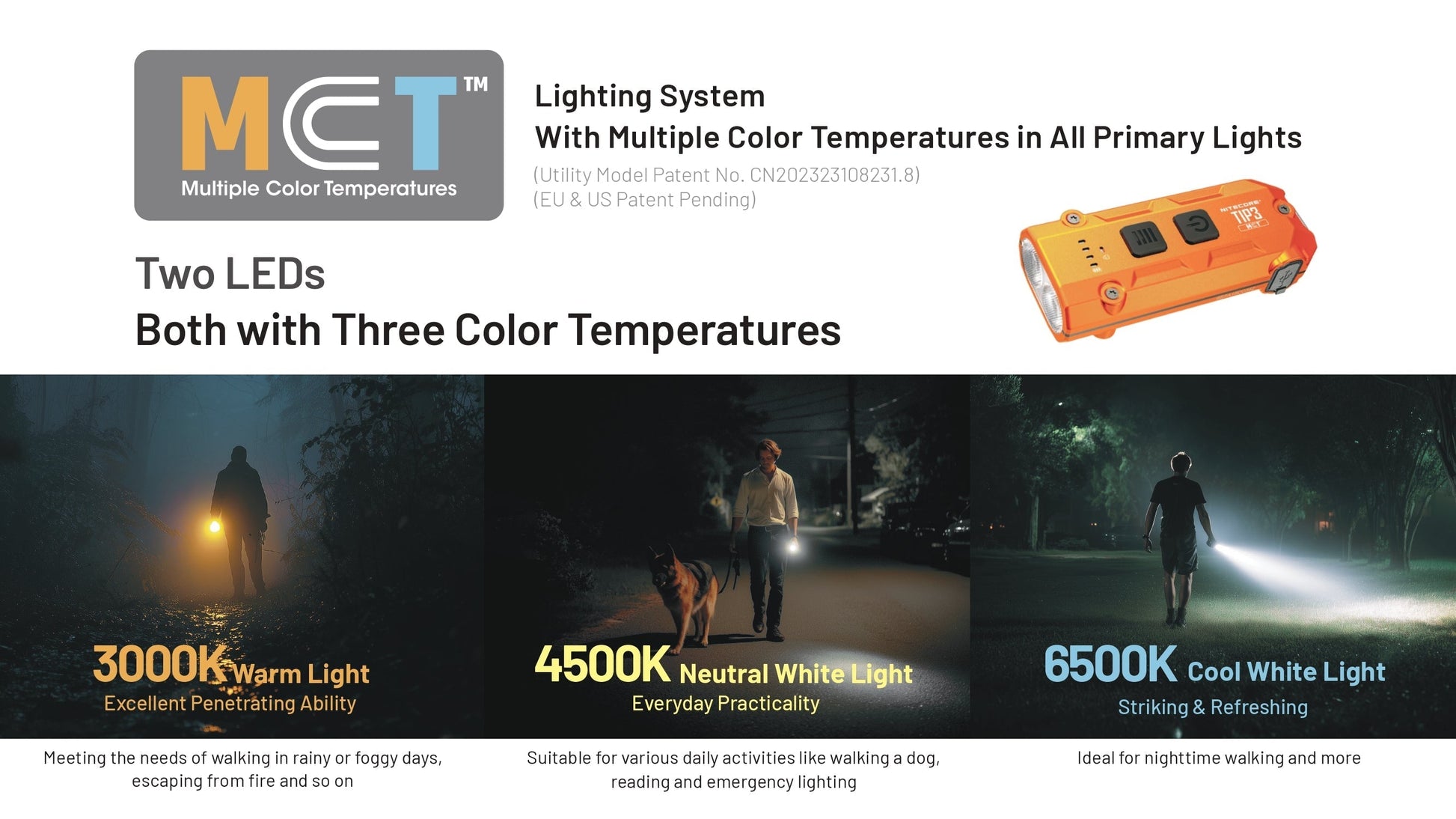 Nitecore TIP3 MCT color temperature modes - 3000K warm, 4500K neutral white, 6500K cool white