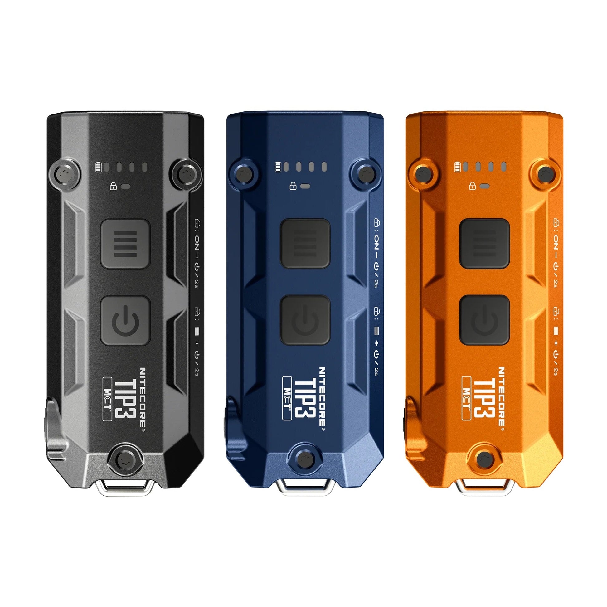 Nitecore TIP3 two-button controls and battery indicators - black, blue, and orange models