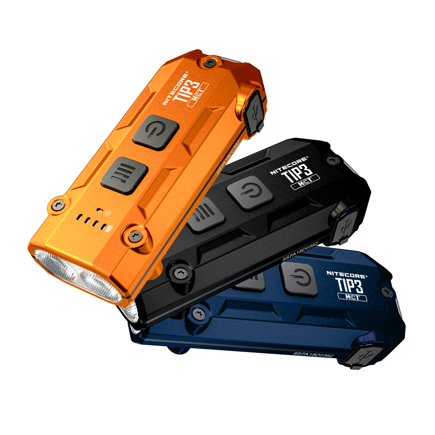 Nitecore TIP3 720 lumen MCT keychain flashlight front view - black, blue, and orange colors