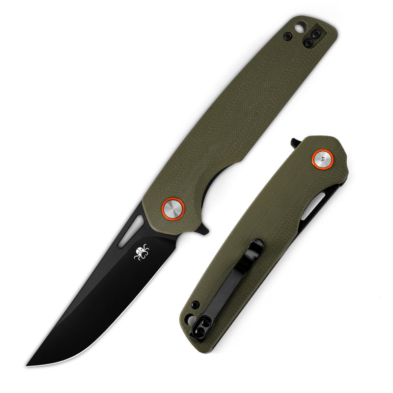 Klaken J145 TL-J145-GreenG10-Black front view – 3.35" black-coated D2 drop point folding knife with green G10 handle