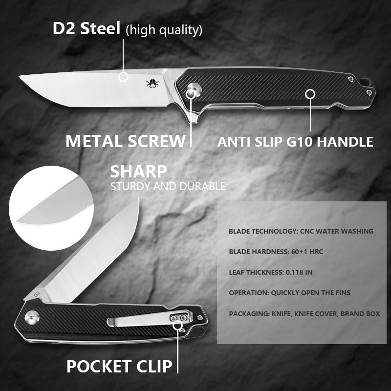 Klaken J150 Solace TL-J150-BlackG10 open position showing satin D2 drop point blade