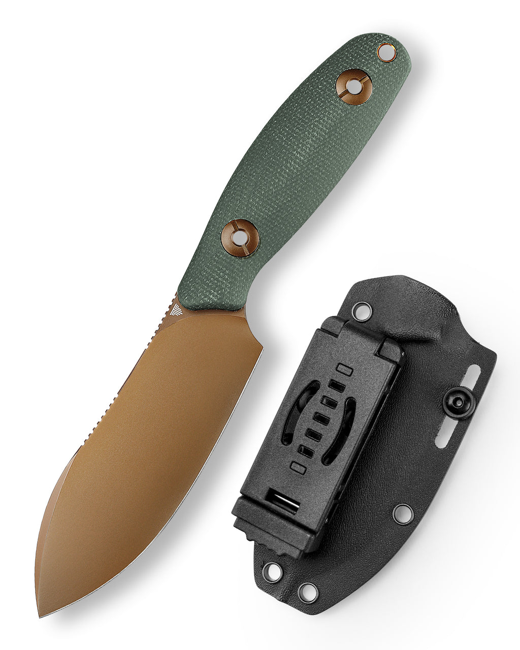 TRIVISA Aubergine-GM JM05-GM-14 front view – 3.86″ rose gold 14C28N drop point fixed blade knife with green Micarta handle