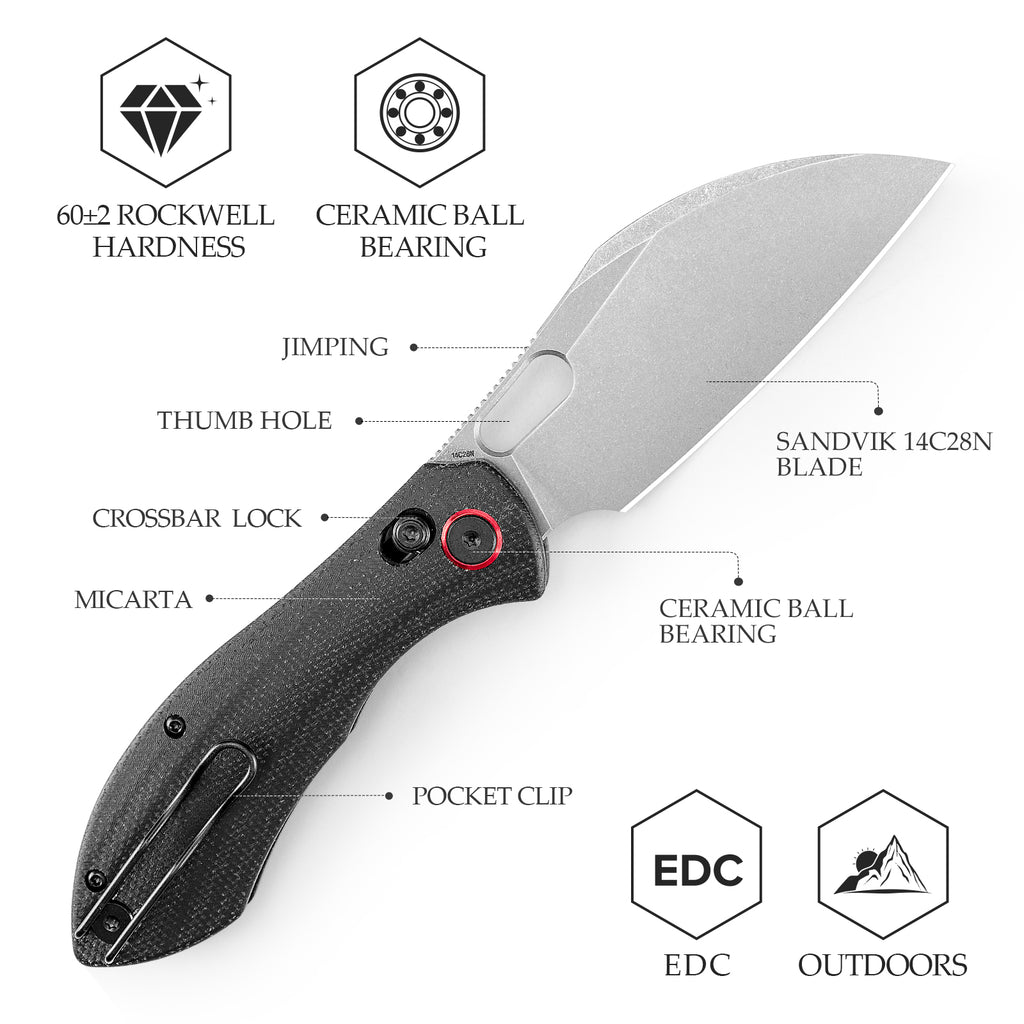 TRIVISA Batwing-BM/L JM10L-BM-14 black Micarta handle and pocket clip detail