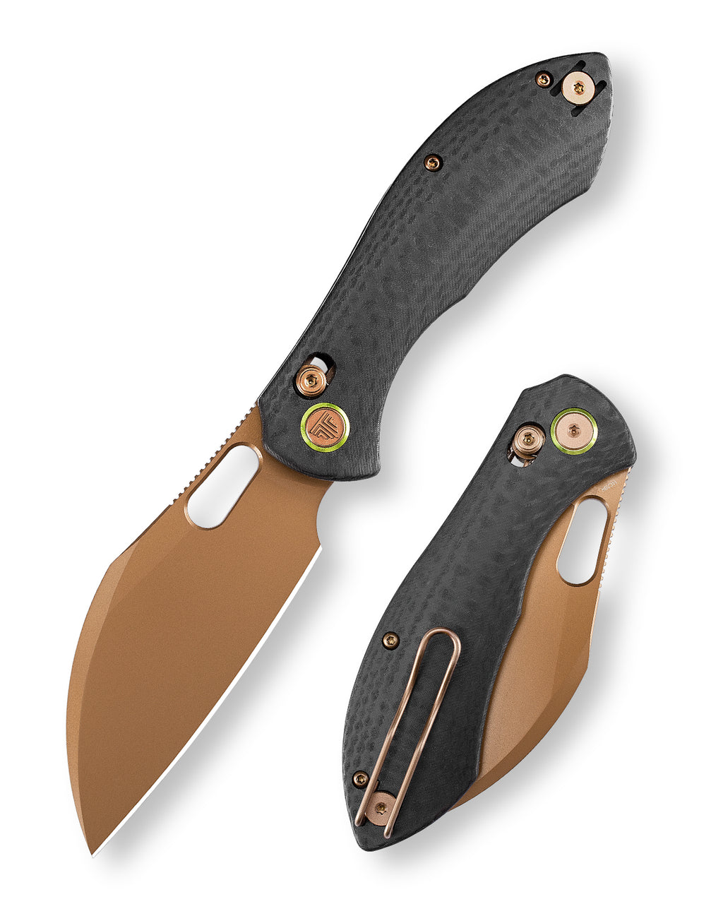 Black and bronze folding knife with carbon fiber handle and sheepfoot blade