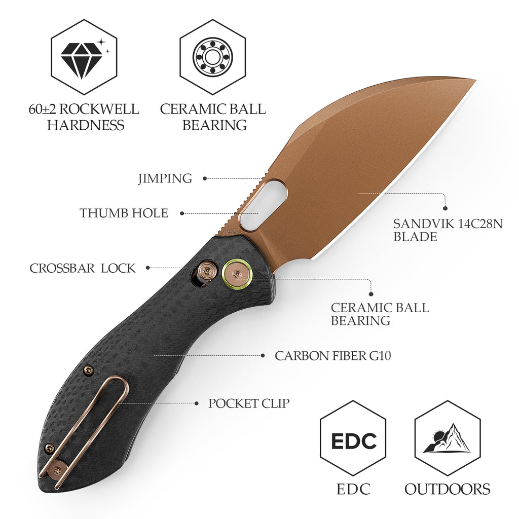 Close-up of black carbon fiber handle with gold accents and blade details