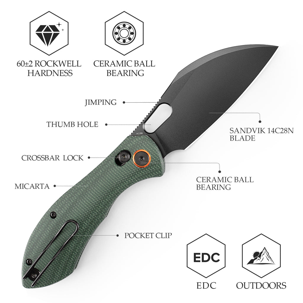 Close-up of TRIVISA Batwing-GM JM10L-GM-14 with green handle, ceramic ball bearing, and pocket clip