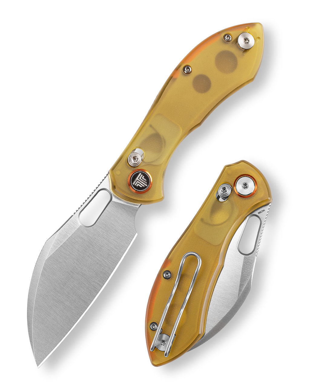 TRIVISA Batwing-YP JM10S-YP-14 front view – 2.99" sandblasted 14C28N sheepfoot blade, yellow PEI handle, crossbar lock