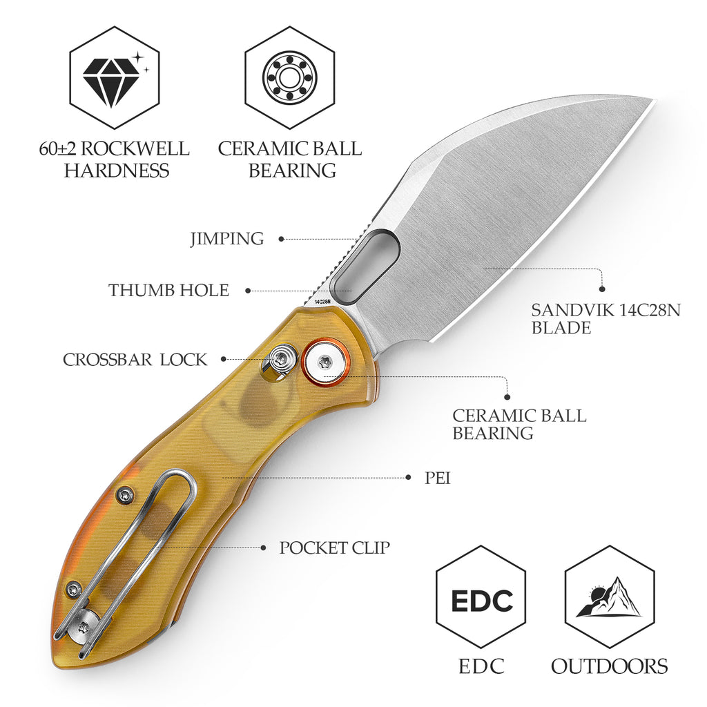 TRIVISA Batwing-YP JM10S-YP-14 open position showing sandblasted 14C28N sheepfoot blade and textured yellow PEI handle