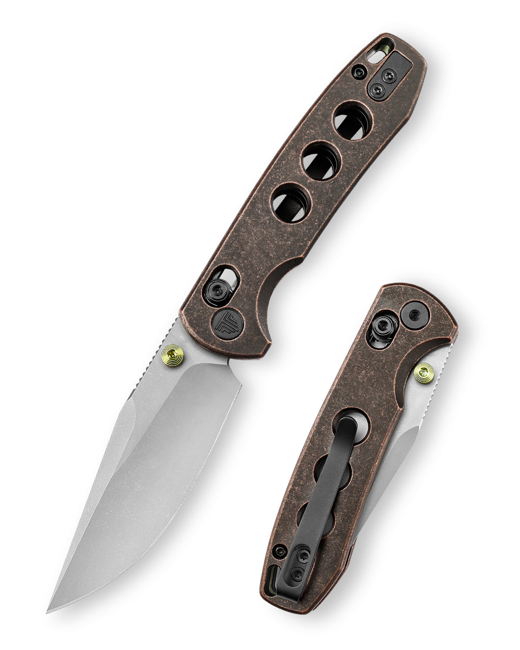 TRIVISA Butterfly-CU JM06-CU-14 front view – 2.99″ stonewash 14C28N clip point folding knife with copper handle