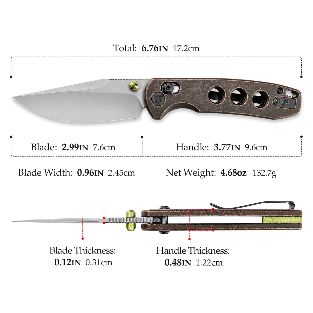 TRIVISA Butterfly-CU JM06-CU-14 blade detail – stonewash 14C28N clip point