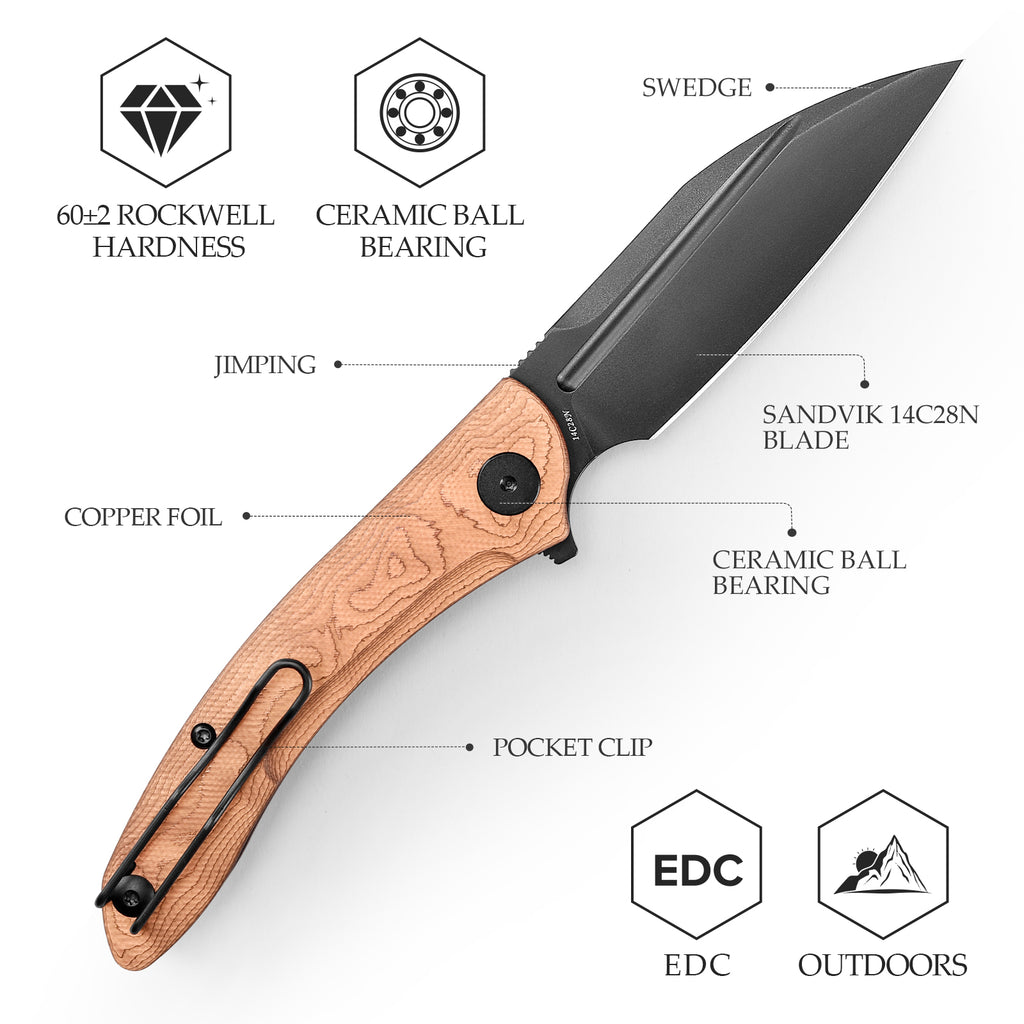 TRIVISA outdoor folding knife with copper handle, ceramic ball bearing, and pocket clip