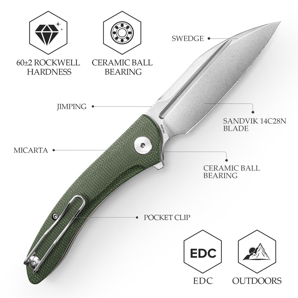 Close-up of TRIVISA Cuckoo-GM TY30-GM-14 with green handle, ceramic ball bearings, and sheepfoot blade