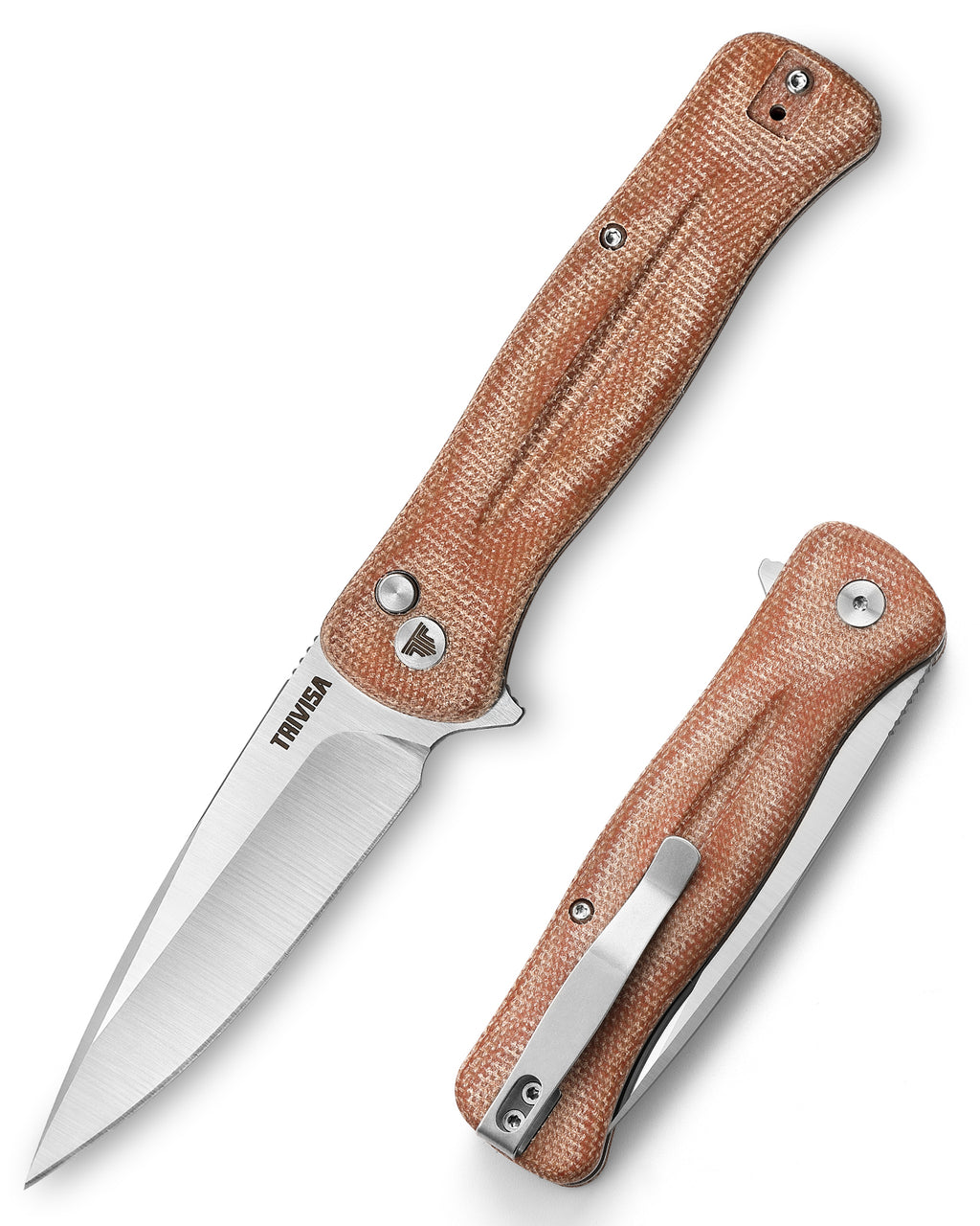 TRIVISA Dor-04Br TY09-OM-14C front view – 3.66″ satin 14C28N button lock folding knife