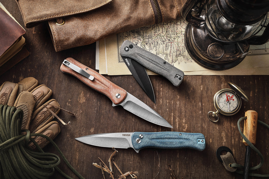 TRIVISA Dor-04Br TY09-OM-14C shown with TRIVISA folding knife lineup