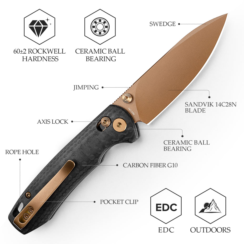 Close-up of TRIVISA Dragonfly-CG JM03-CG-14 folding knife with black carbon fiber handle and rose gold accents