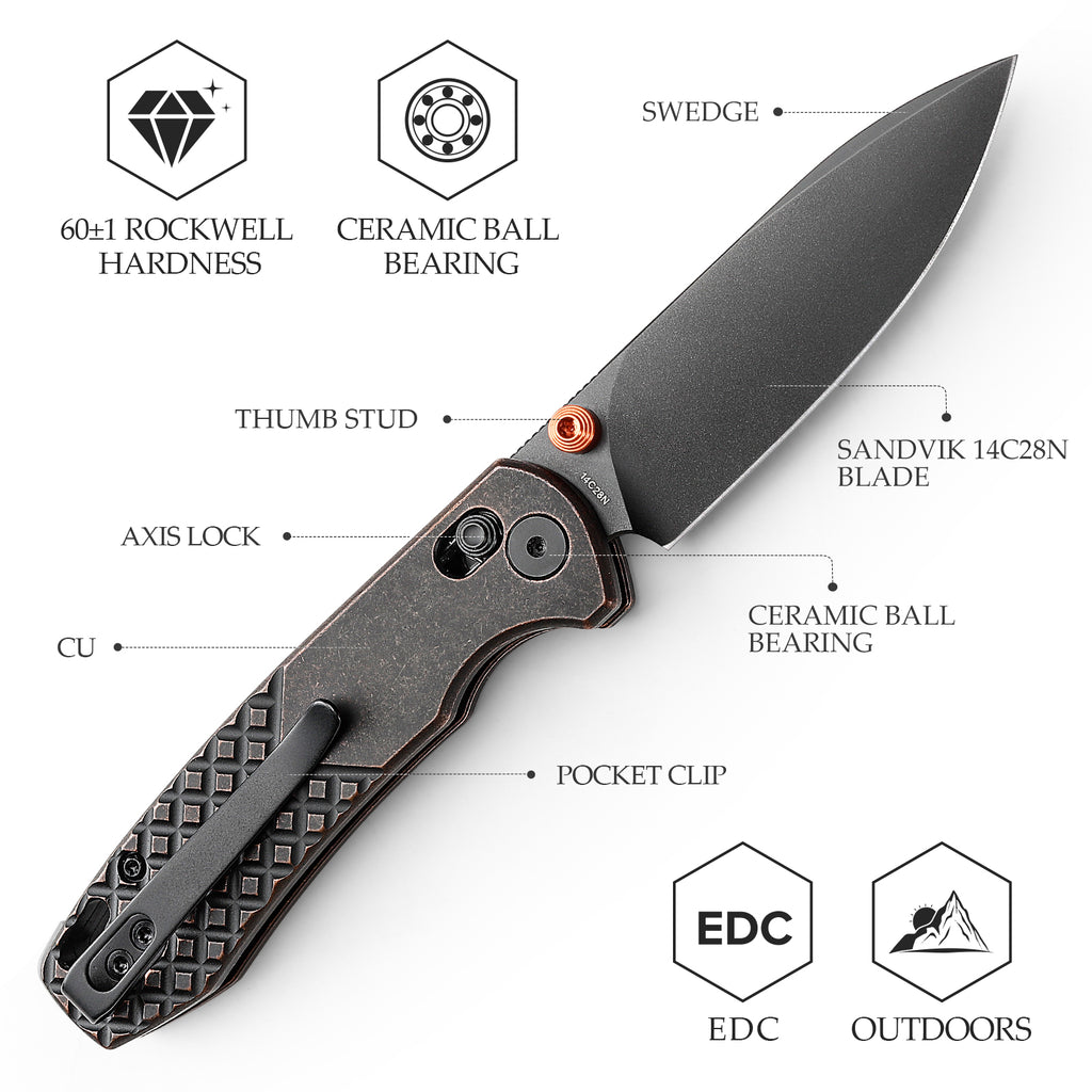 Close-up of TRIVISA Dragonfly-CU JM03-CU-14 with textured copper handle and detailed blade